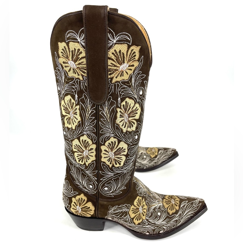 ✨Old Gringo Brown Leather Embroider Tan Butter Yellow Floral Heel Boot 6.5 Rodeo - Picture 4 of 16